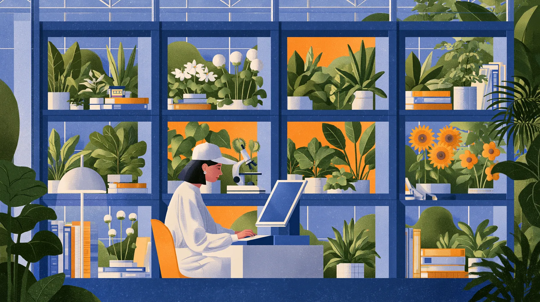 Illustrated greenhouse workspace with a person at a computer