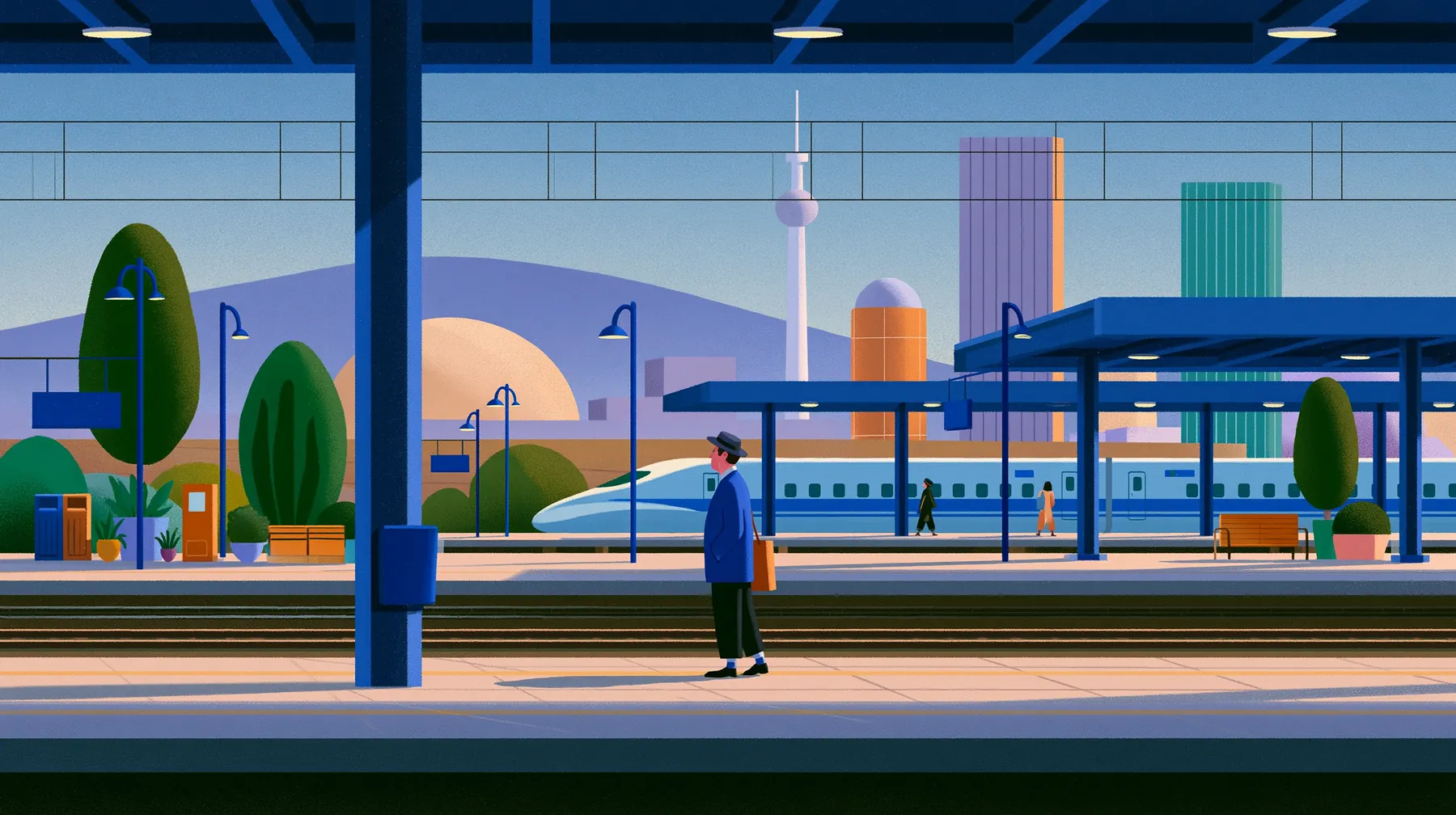 Illustrated modern railway station at dusk