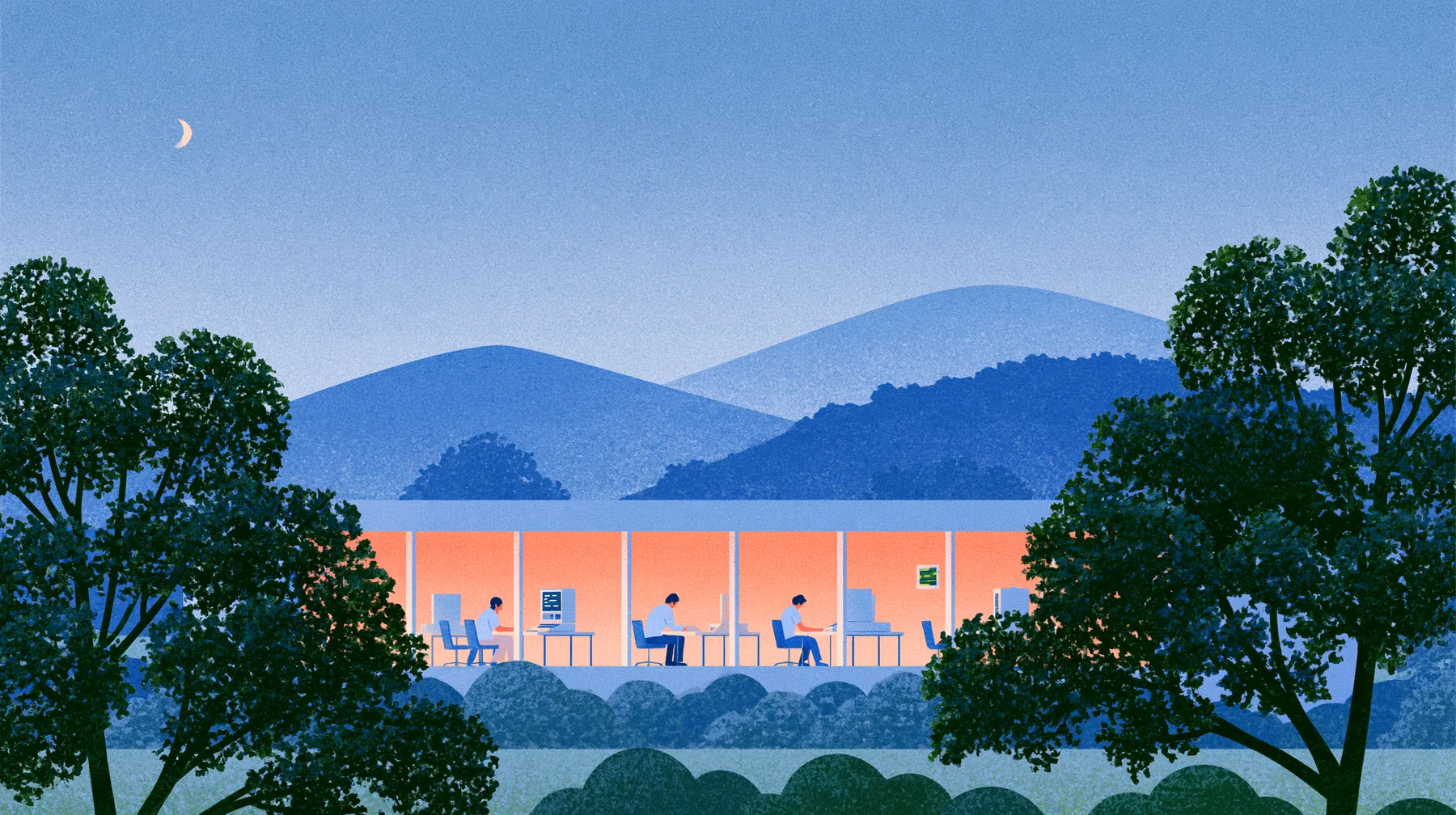 Illustrated computer lab in a wooded landscape