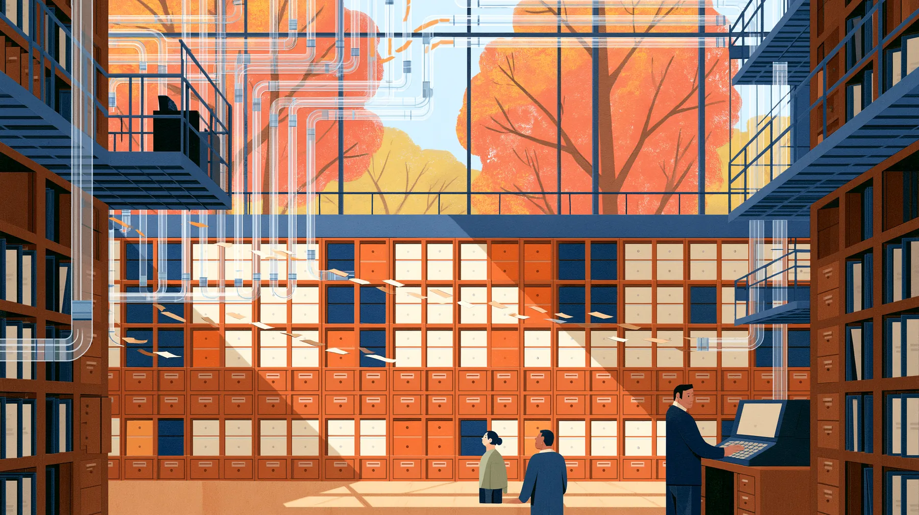 Illustrated university archive with rows of catalog drawers
